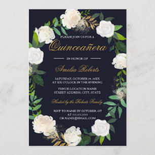 Convite de Quinceanera em Aquarela Naval Dourada c