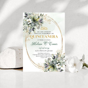 Convite de Quinceañera em Aquarela Verde Botânico