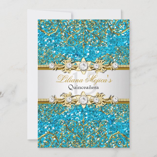 Convite de Quinceanera em Damasco Azul com Brilho  (Frente)