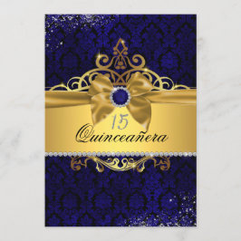 Convite de Quinceanera em Damasco Azul Dourado Ele