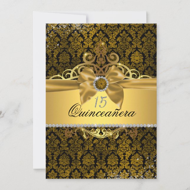Convite de Quinceanera em Damasco Dourado Elegante (Frente)