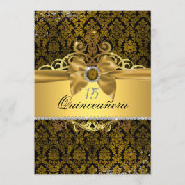 Convite de Quinceanera em Damasco Dourado Elegante