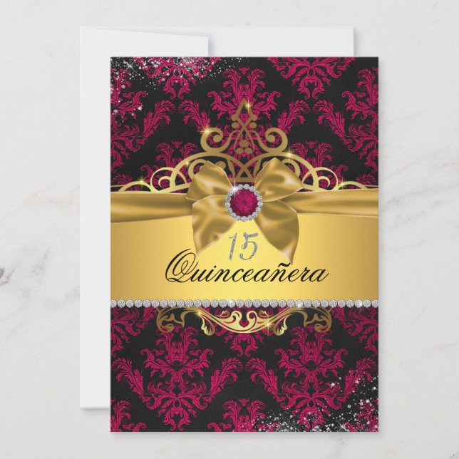 Convite de Quinceanera em Damasco Elegante Dourado (Frente)