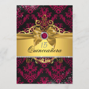 Convite de Quinceanera em Damasco Elegante Dourado