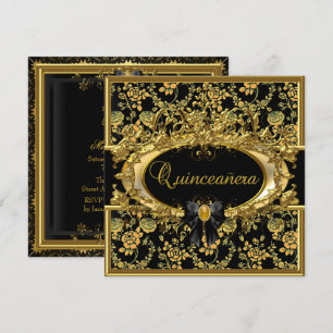 Convite de Quinceanera em Damasco Floral Dourado e