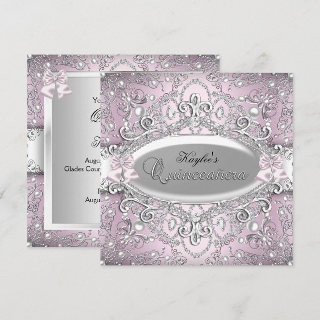 Convite de Quinceanera em Damasco Prata e Rosa com (Frente/Verso)