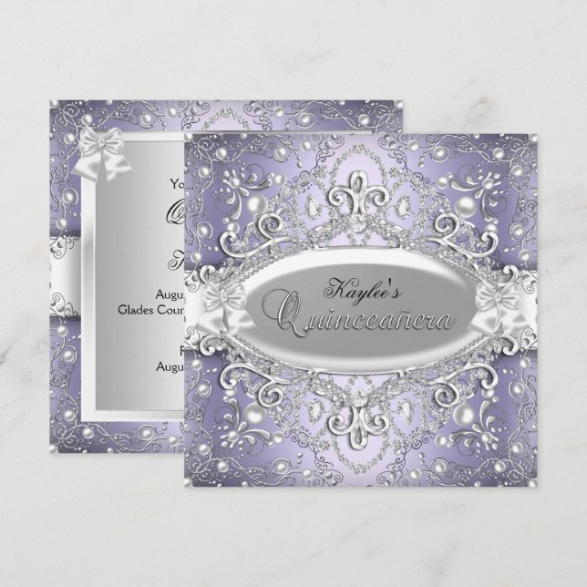 Convite de Quinceanera em Damasco Prata e Roxo com (Frente/Verso)
