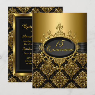 Convite de Quinceanera em Damasco Preto e Dourado