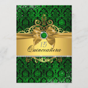 Convite de Quinceanera em Damasco Verde Dourado El