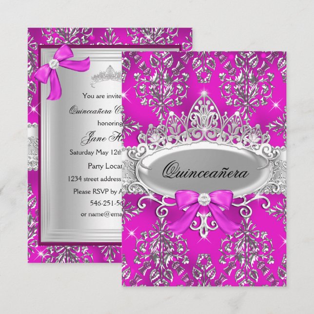 Convite de Quinceanera em Damask Tiara Prata Rosa (Frente/Verso)