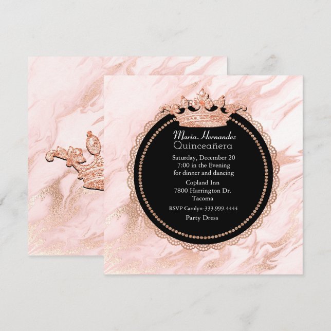 Convite de Quinceanera em Dourado Rosa Fosco (Frente/Verso)