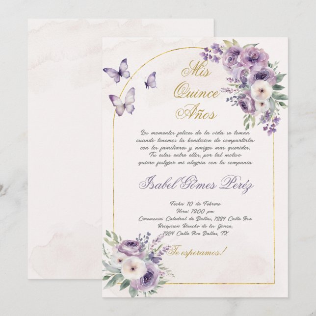 Convite de quinceanera em espanhol (Frente/Verso)