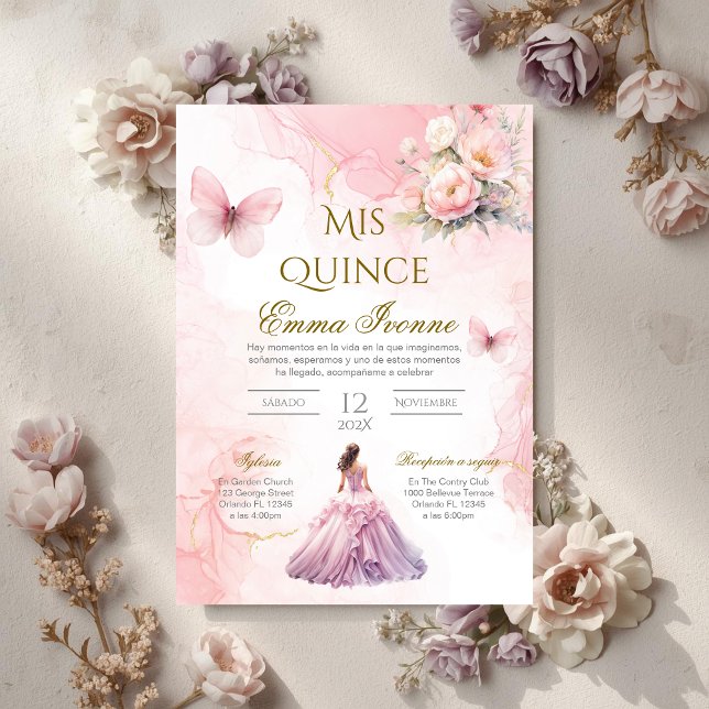 Convite de Quinceañera em Espanhol Floral Rosa (Criador carregado)