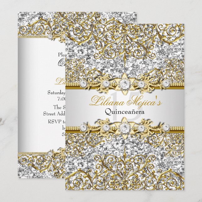 Convite de Quinceanera em Glitter Prateado e Damas (Frente/Verso)