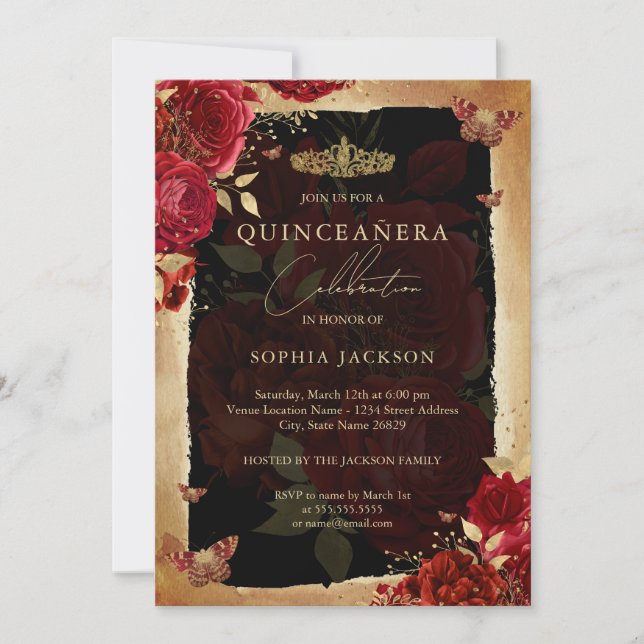 Convite de Quinceanera em Rosa Dourado Vermelho El (Frente)
