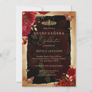 Convite de Quinceanera em Rosa Dourado Vermelho El