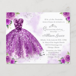 Convite de Quinceanera espanhol roxo econômico