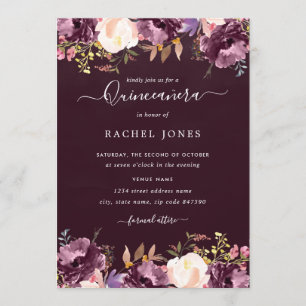 Convite de Quinceanera Flor de Aguarela Roxo