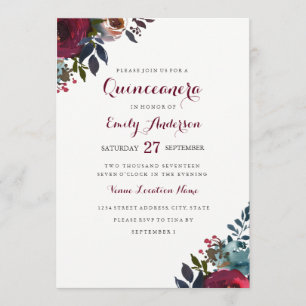 Convite de Quinceanera Floral Aquarela Borgonha