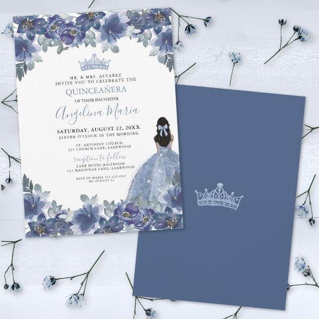 Convite de Quinceanera Floral Azul (Floral Blue Quinceanera Invitation)