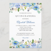 Convite de Quinceanera Floral Azul Elegante