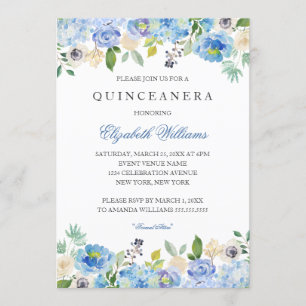 Convite de Quinceanera Floral Azul Elegante