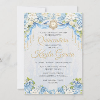 Convite de Quinceañera Floral Azul Empoeirado | El