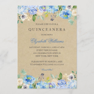 Convite de Quinceanera Floral Azul Vintage Rústico