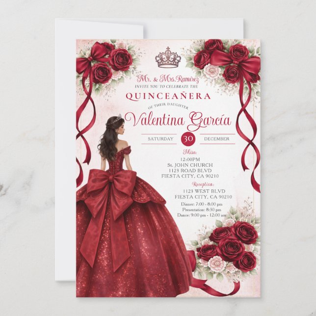 Convite de Quinceañera Floral Borgonha (Frente)