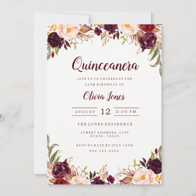 Convite de Quinceanera Floral Borgonha (Frente)
