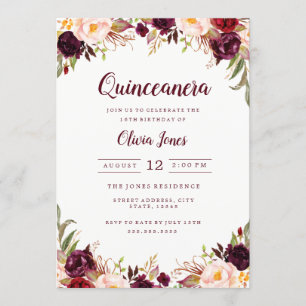Convite de Quinceanera Floral Borgonha