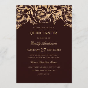 Convite de Quinceanera Floral Borgonha Dourado Vin