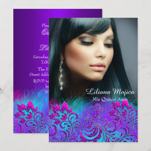 Convite de Quinceanera Floral Brilho Azul Roxo Ros