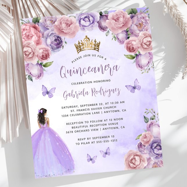 Convite de Quinceañera Floral com Bege Roxo Orçame (Criador carregado)