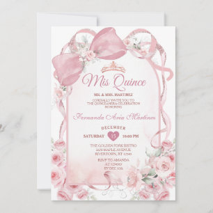Convite de Quinceañera Floral com Laço Rosa