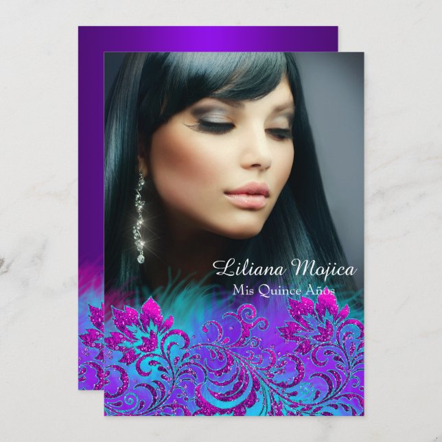 Convite de Quinceanera Floral com Purpurina Azul e (Frente/Verso)