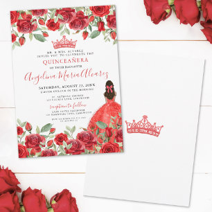Convite de Quinceanera Floral com Rosas Vermelhas