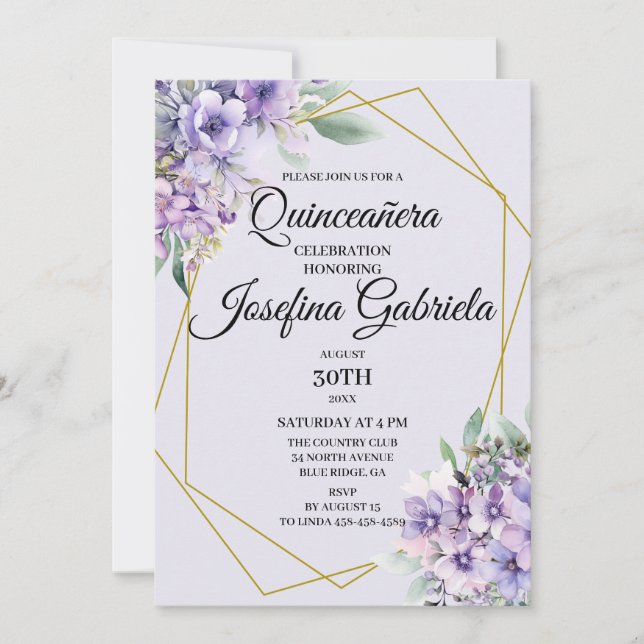 Convite de Quinceañera floral de lavanda (Frente)