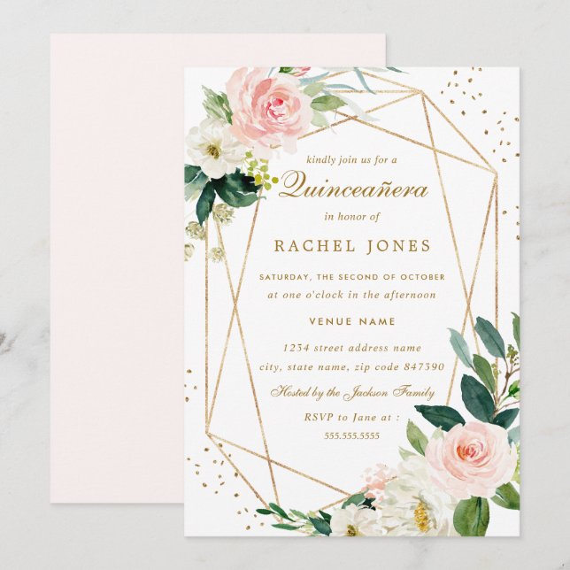Convite de Quinceanera Floral Dourado com Blush Ge (Frente/Verso)