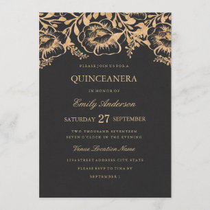 Convite de Quinceanera Floral Dourado Vintage