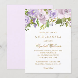 Convite de Quinceanera Floral em Aquarela Roxo Lil