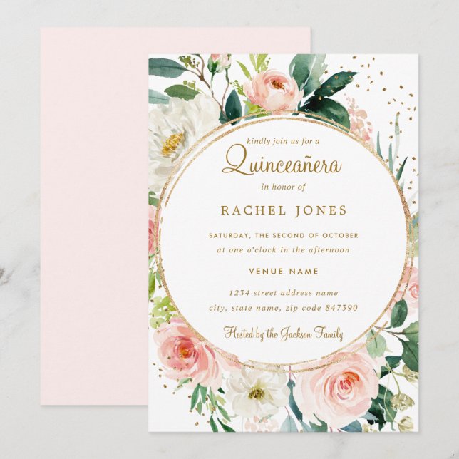 Convite de Quinceanera Floral Geométrico Bege Dour (Frente/Verso)