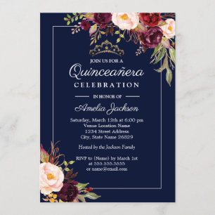 Convite de Quinceanera Floral Marinha Moderna