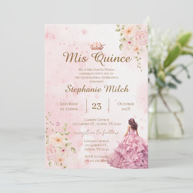 Convite de Quinceanera floral rosa (Em pé/Frente)