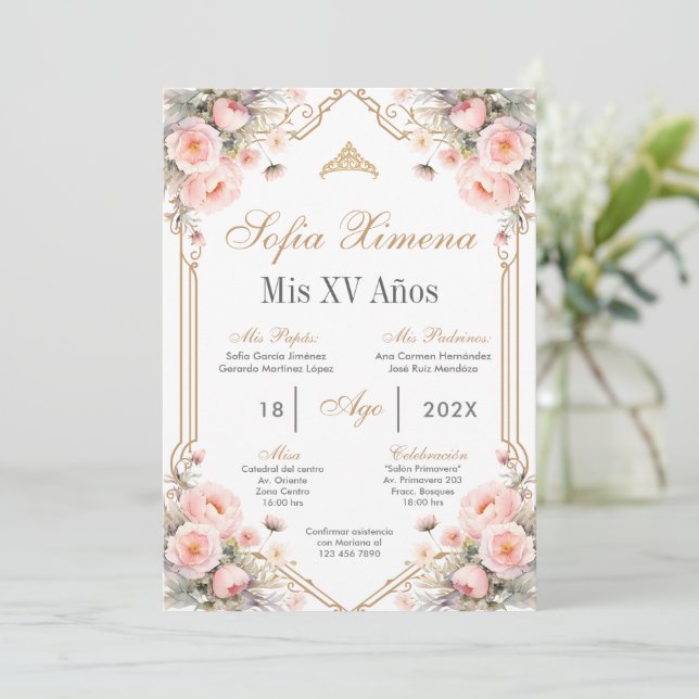 Convite De Quinceanera Floral Rosa (Em pé/Frente)