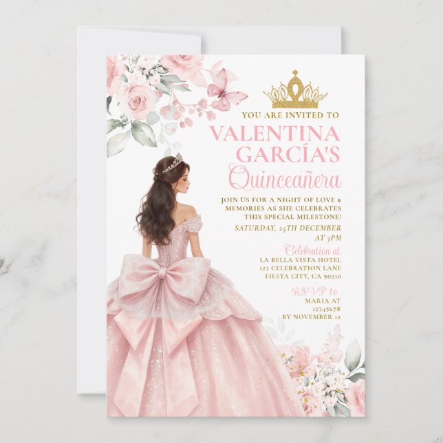 Convite de Quinceañera Floral Rosa Corado (Frente)