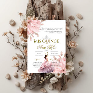 Convite de Quinceanera Floral Rosa em Espanhol