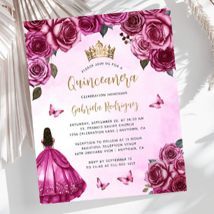 Convite de Quinceañera Floral Rosa Fúcsia Dourado