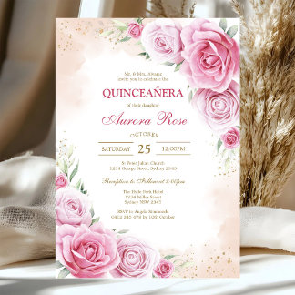 Convite de Quinceanera Floral Rosa Moderno