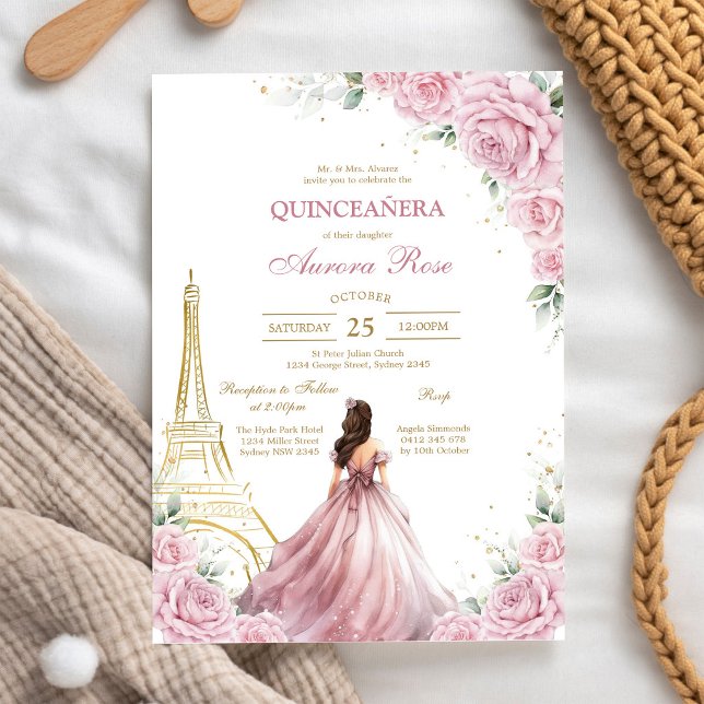 Convite de Quinceanera Floral Rosa Moderno (Criador carregado)
